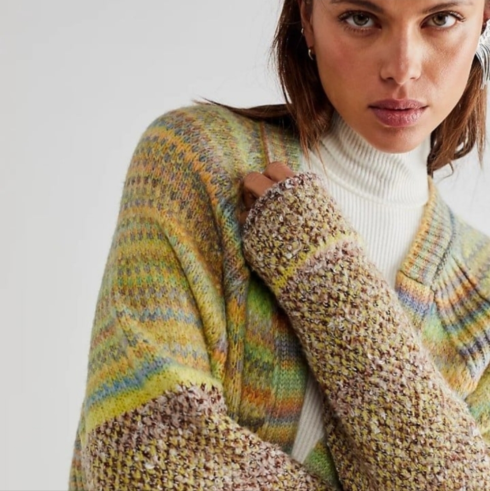 Free People Chocolate Lime Combo Sedona Cardi Sweater Size Med NWT - Picture 5 of 14